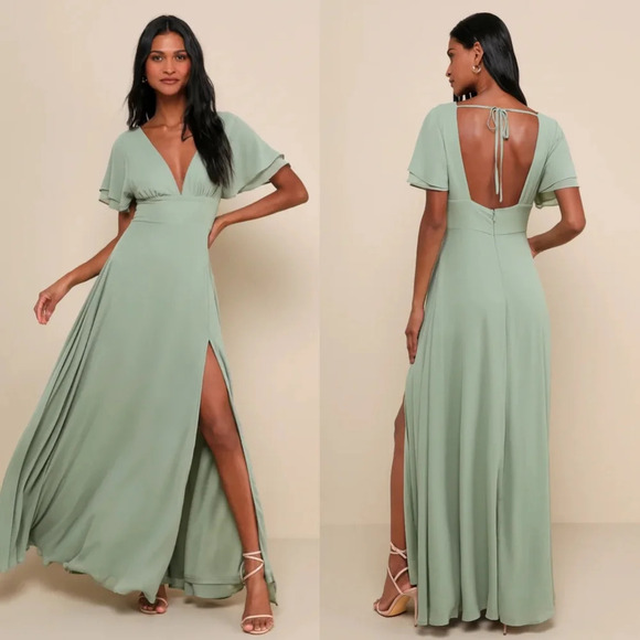 Lulus Promise Of Love Sage Brush Flutter Sleeve Maxi Dress S Wedding Party Guest - Picture 1 of 11